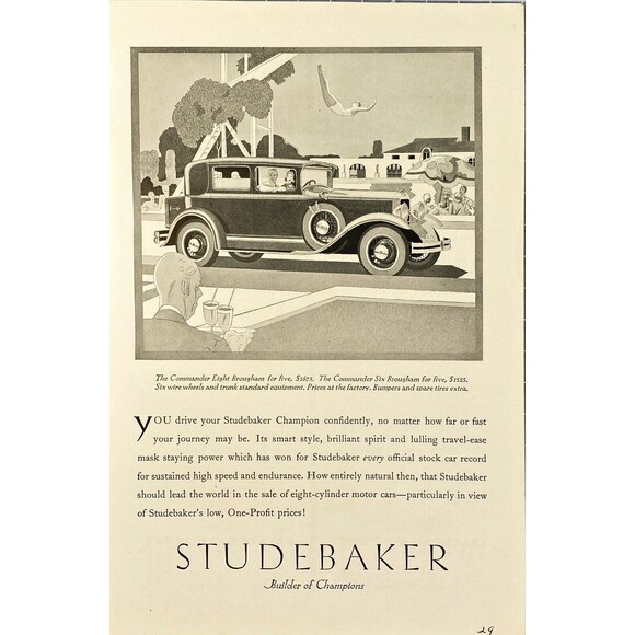 Studebaker "The Commander Brougham "Builder of Champions" Vintage Print Ad 1929 - Picture 1 of 3